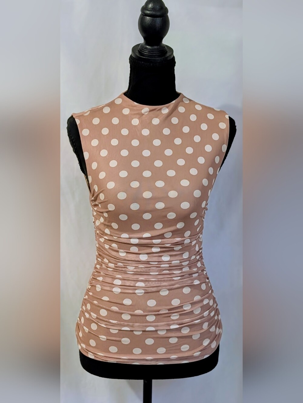 NWT AFRM Los Angeles Ruched Polka Dot Mesh Top Blush Pink Size Small